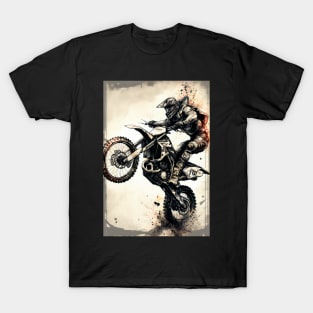 Dirt bike wheelie - splashed paint - tan background T-Shirt